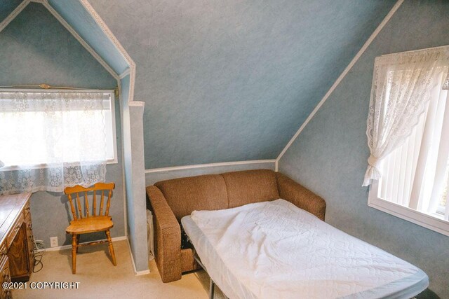 bedroom featuring lofted ceiling and light colored carpet