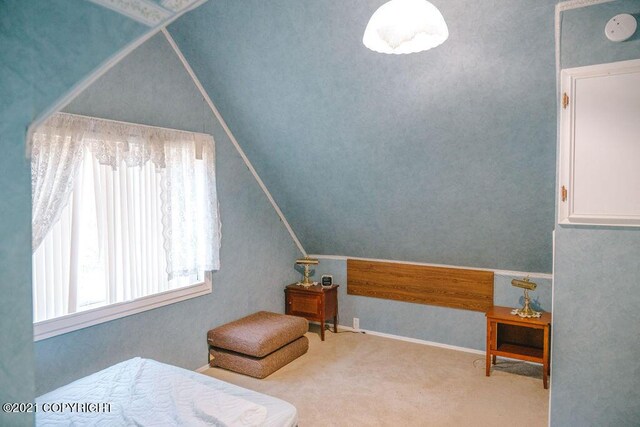 carpeted bedroom featuring vaulted ceiling