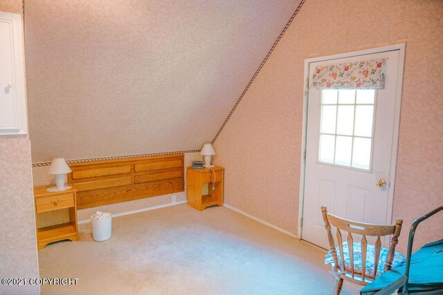 unfurnished room featuring lofted ceiling and carpet flooring