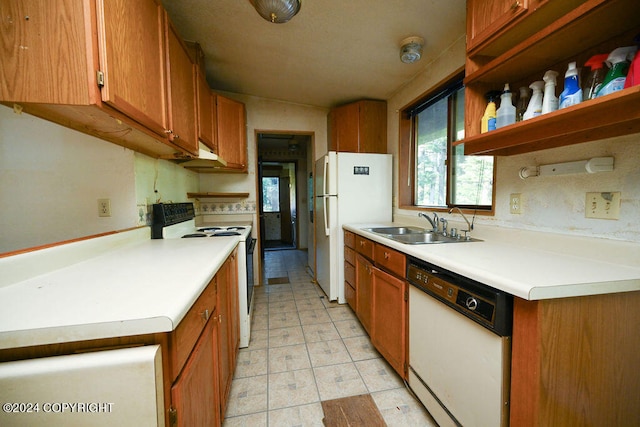 kitchen featuring white appliances, extractor fan, and sink