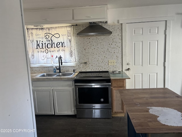 kitchen featuring stainless steel electric range, a sink, wooden counters, ventilation hood, and dark wood-type flooring
