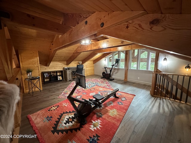 345 C St, Seldovia, AK 99663 - workout room featuring wood-type flooring, wood ceiling, and vaulted ceiling