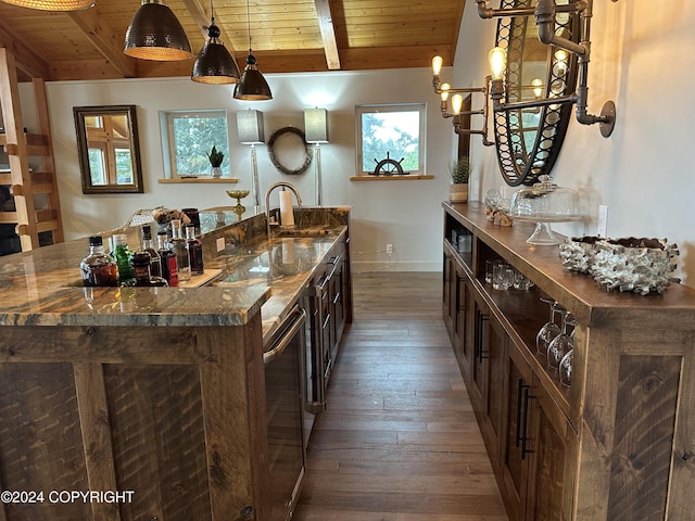 345 C St, Seldovia, AK 99663 - interior space featuring baseboards, wood ceiling, a sink, dark wood-style floors, and vaulted ceiling with beams