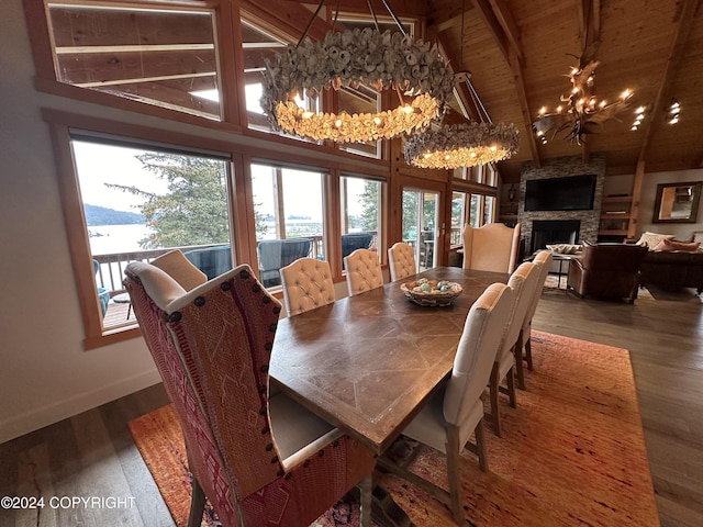 345 C St, Seldovia, AK 99663 - dining room featuring a notable chandelier, high vaulted ceiling, wood ceiling, a fireplace, and wood finished floors