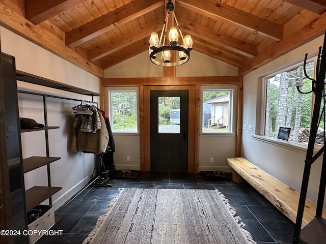 345 C St, Seldovia, AK 99663 - mudroom with wooden ceiling, vaulted ceiling with beams, a chandelier, and stone tile flooring