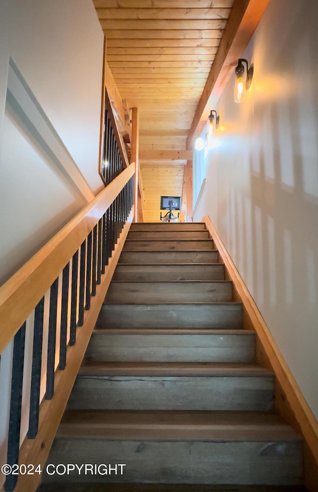 345 C St, Seldovia, AK 99663 - stairs with beamed ceiling, wooden walls, and wooden ceiling