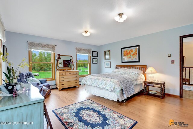 bedroom featuring light hardwood / wood-style floors and a baseboard heating unit
