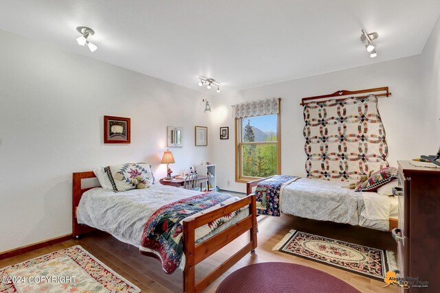 bedroom featuring rail lighting and hardwood / wood-style flooring