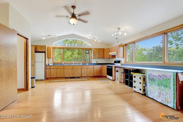 kitchen featuring light hardwood / wood-style floors, sink, lofted ceiling, white appliances, and ceiling fan