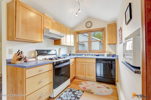 kitchen with black dishwasher, white gas range, and light brown cabinets