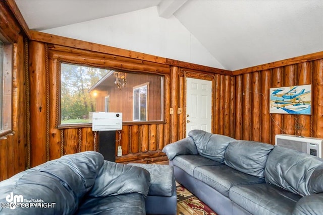 living room with lofted ceiling with beams and an inviting chandelier