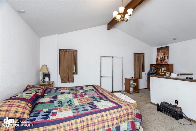 carpeted bedroom featuring a notable chandelier and vaulted ceiling with beams