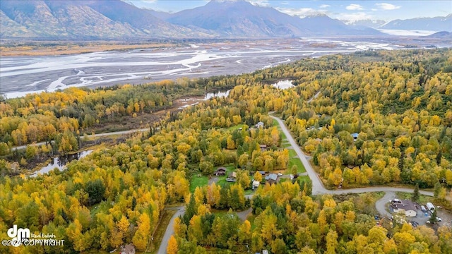 aerial view featuring a water and mountain view