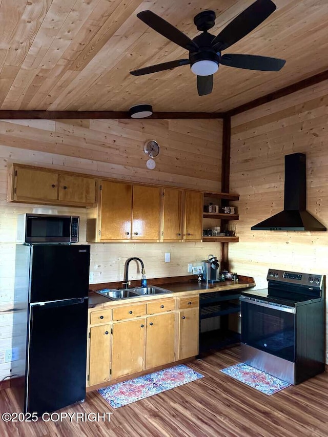 kitchen featuring dark countertops, appliances with stainless steel finishes, wood ceiling, a sink, and extractor fan