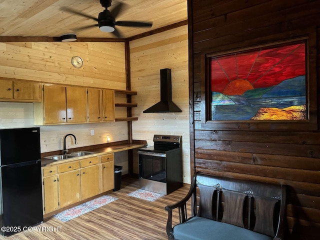 kitchen with a sink, exhaust hood, freestanding refrigerator, open shelves, and stainless steel range with electric stovetop