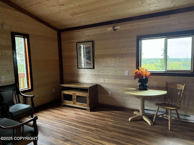 sitting room featuring wooden ceiling, vaulted ceiling, wood walls, and wood finished floors