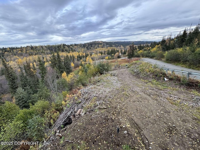 bird's eye view featuring a wooded view