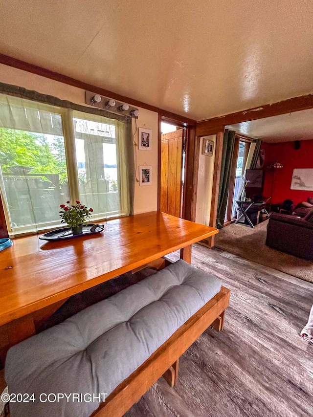 dining area featuring hardwood / wood-style flooring and a textured ceiling