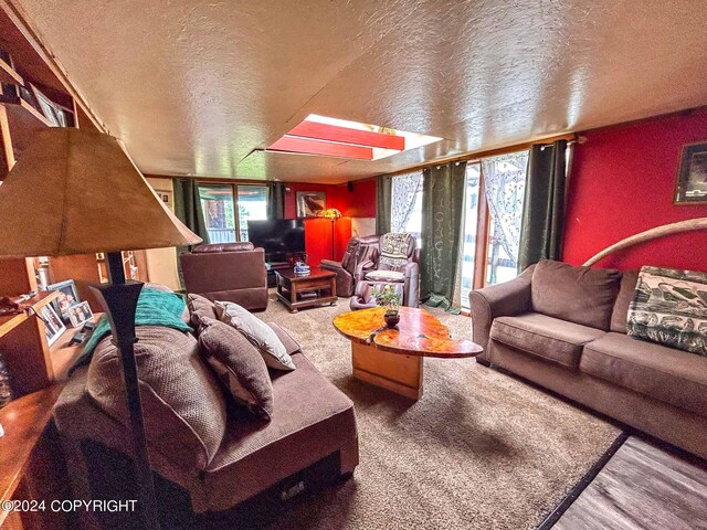 living room with a textured ceiling