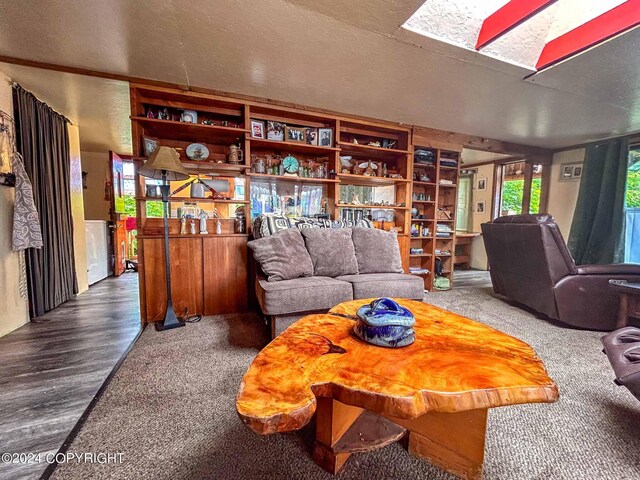 living room with a textured ceiling, hardwood / wood-style floors, and a skylight