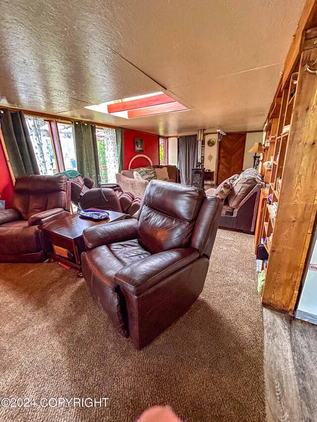 cinema room featuring a textured ceiling, a skylight, and carpet