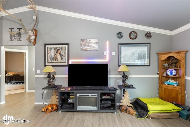 living room with vaulted ceiling, ornamental molding, and hardwood / wood-style floors