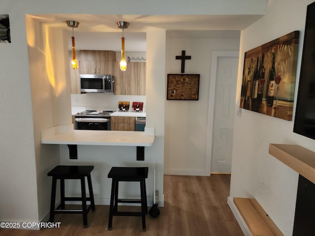 4342 Reka Dr, Anchorage, AK 99508 - kitchen featuring appliances with stainless steel finishes, dark wood-style floors, a kitchen breakfast bar, modern cabinets, and light countertops