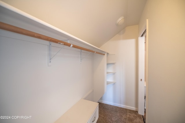 walk in closet with lofted ceiling and dark carpet