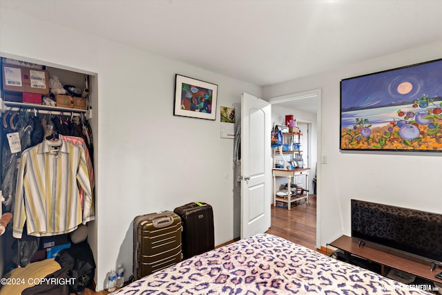 bedroom featuring wood-type flooring and a closet