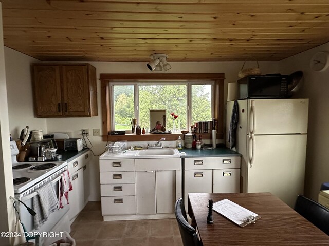 kitchen featuring tile patterned floors, wooden ceiling, a sink, lofted ceiling, and white appliances