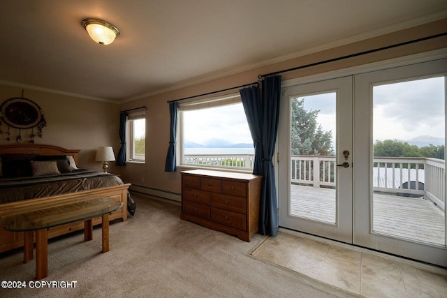 41385 Ptarmigan Heights Dr, Homer, AK 99603 - bedroom featuring a baseboard heating unit, french doors, access to exterior, crown molding, and light colored carpet