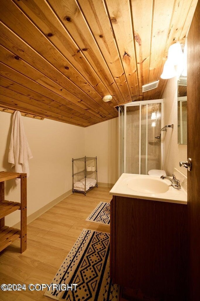 41385 Ptarmigan Heights Dr, Homer, AK 99603 - bathroom featuring vanity, wood ceiling, a shower stall, and wood finished floors