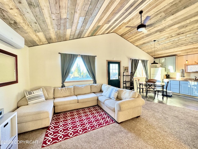 living room with wooden ceiling, lofted ceiling, ceiling fan, carpet, and a wall mounted AC