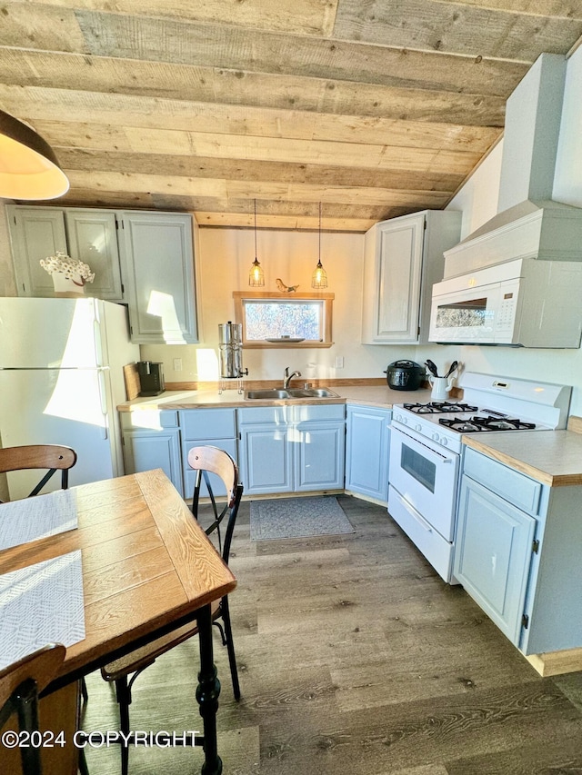 40854 Ruth Way, Homer, AK 99603 - kitchen with light countertops, wood ceiling, a sink, wood finished floors, and white appliances