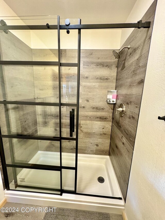 bathroom with a shower with shower door