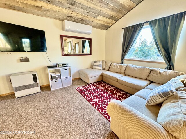 carpeted living room featuring heating unit, vaulted ceiling, wooden ceiling, and an AC wall unit