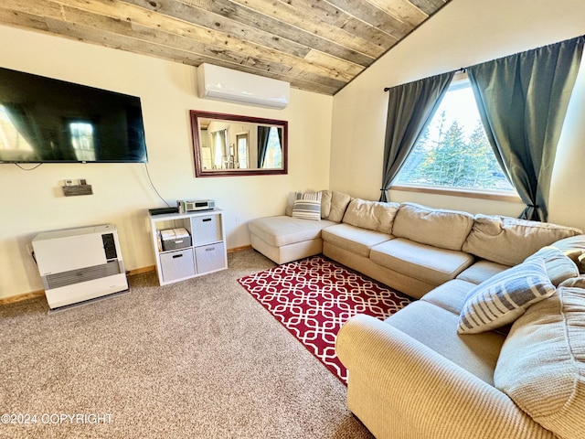 40854 Ruth Way, Homer, AK 99603 - carpeted living area featuring a wall mounted air conditioner, baseboards, heating unit, vaulted ceiling, and wooden ceiling