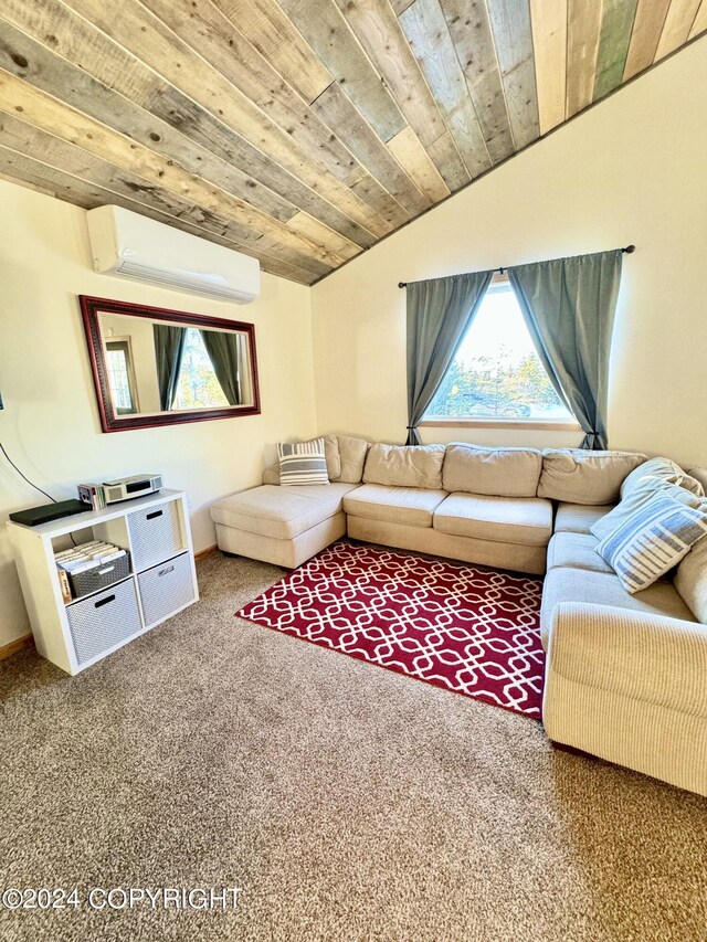 carpeted living room with lofted ceiling, plenty of natural light, wooden ceiling, and a wall mounted AC