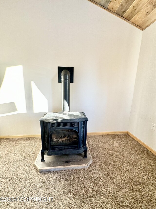 room details featuring a wood stove, carpet, and wooden ceiling