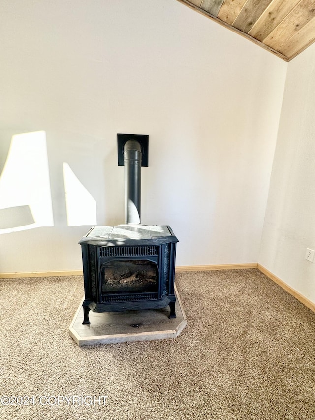 40854 Ruth Way, Homer, AK 99603 - room details featuring carpet floors, wooden ceiling, baseboards, and a wood stove