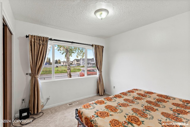 carpeted bedroom featuring a closet and a textured ceiling