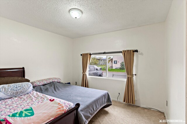 bedroom with a textured ceiling and carpet flooring