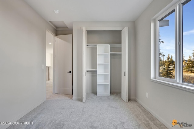 unfurnished bedroom featuring light colored carpet and a closet