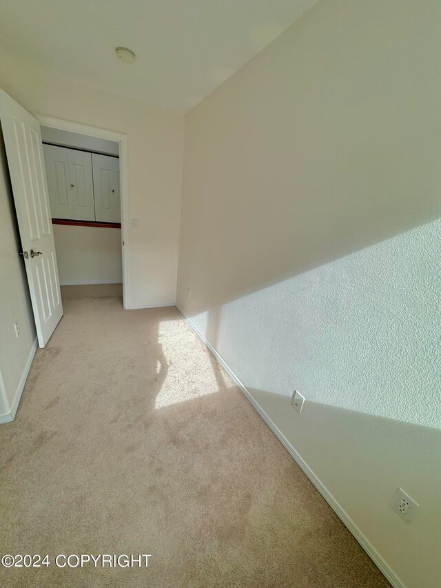 unfurnished bedroom with light carpet and a closet