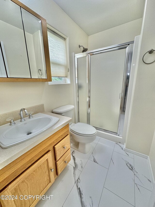 bathroom with walk in shower, vanity, and toilet