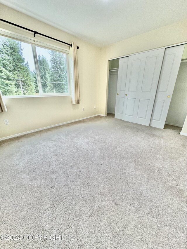 unfurnished bedroom featuring light carpet and a closet