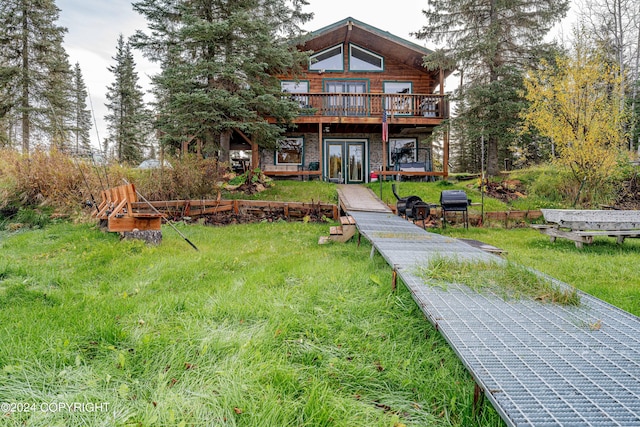 37325 Funny Moose Ln, Soldotna, AK 99669 - rear view of property with a wooden deck, french doors, and a yard