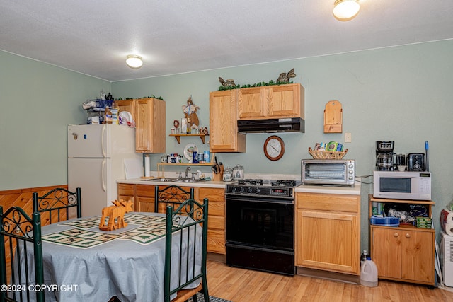 37325 Funny Moose Ln, Soldotna, AK 99669 - kitchen featuring white appliances, under cabinet range hood, light countertops, and light wood-style floors