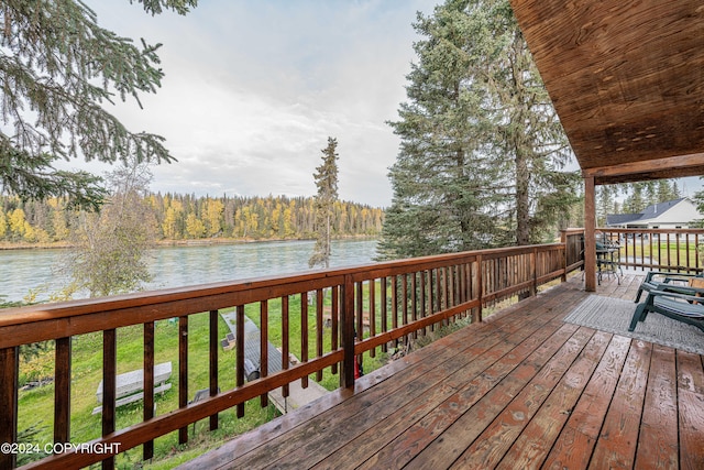 wooden terrace featuring a water view