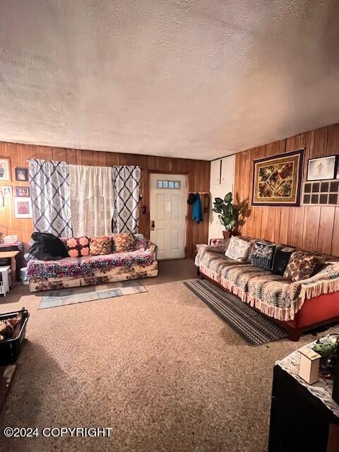 living room with a textured ceiling, wooden walls, and carpet